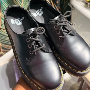 Dr. Martens Black Leather Oxfords with Yellow Stitching